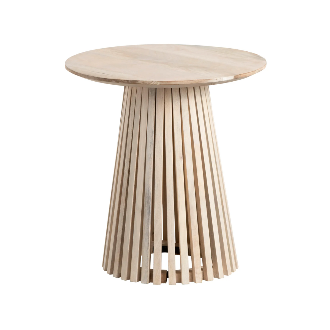 Lucia Natural Finish Mango Wood Transitional Modern Round Side Table with Angled Slatted Base