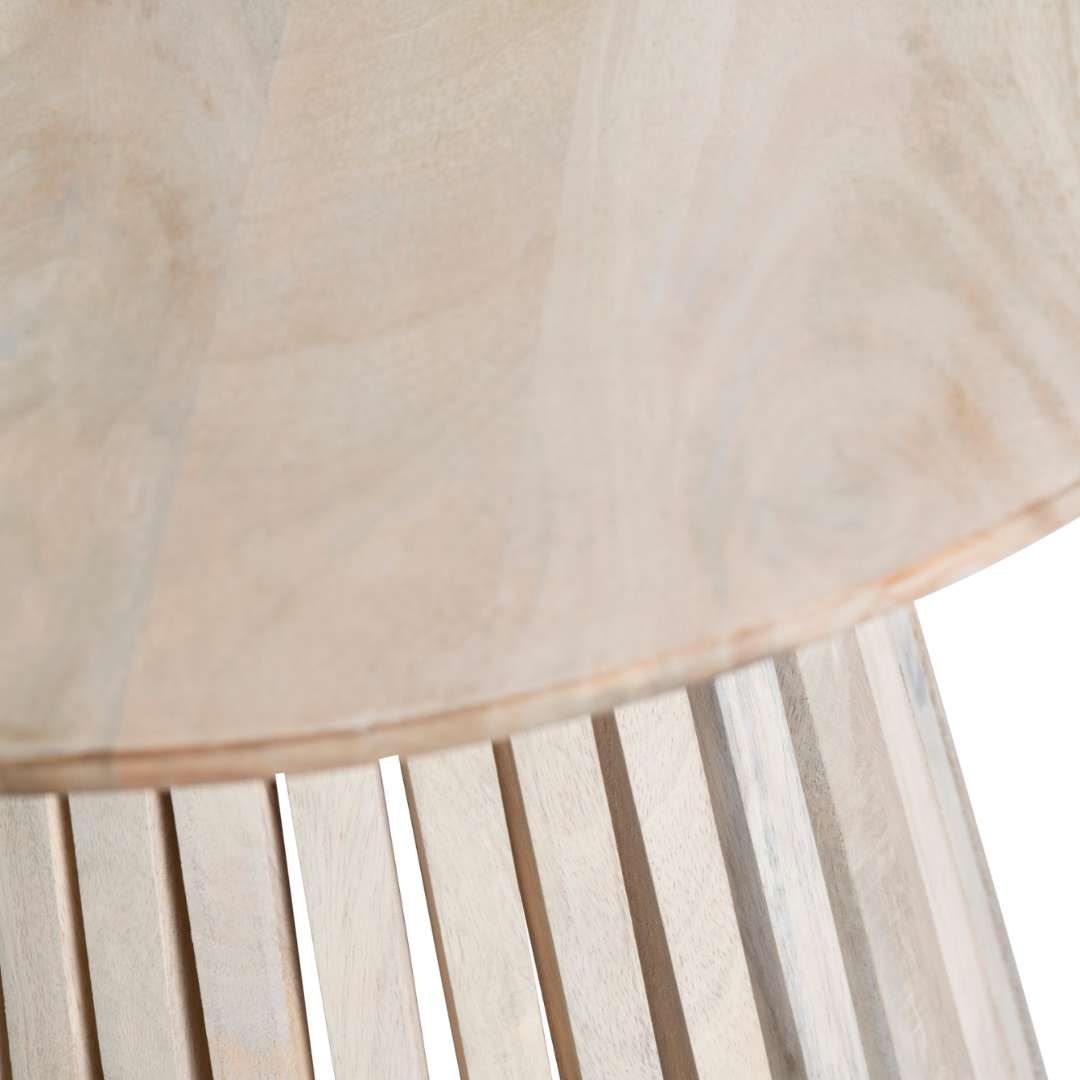 Lucia Natural Finish Mango Wood Transitional Modern Round Side Table - Angled Slatted Base Detail