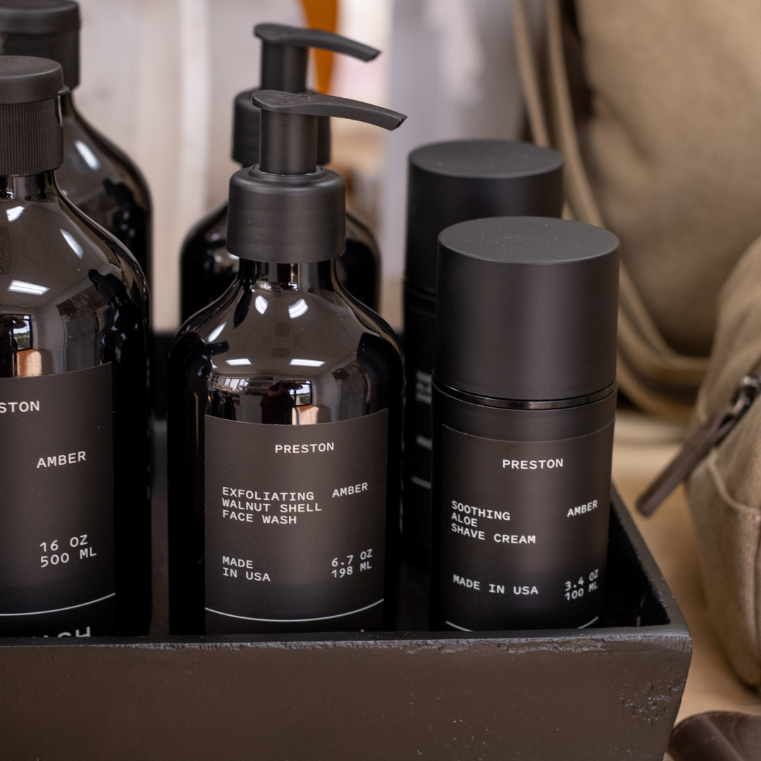 Preston Grooming Exfoliating Amber Walnut Shell Face Wash and Soothing Aloe Shaving Cream