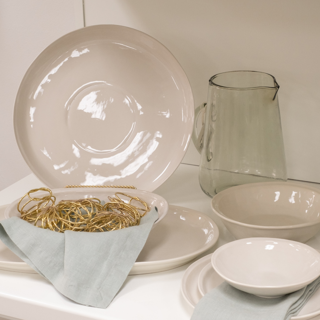 Avignon Smooth White Ceramic Round Serving Platter (Back Left) Oval Platter and Bowl (Front Left)