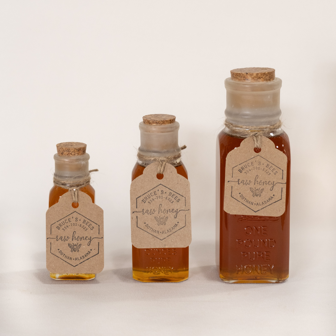 (Left to Right) 4oz, 8oz, 16oz Bruce's Bees Southeast Alabama Local Honey in Giftable Glass Bottle