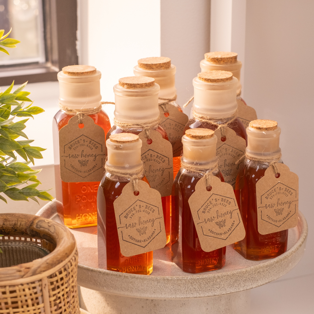 8oz, 16oz Bruce's Bees Southeast Alabama Local Honey in Giftable Classic Glass Muth Jars with Natural Brown Stamped Paper Tag in Sunlight
