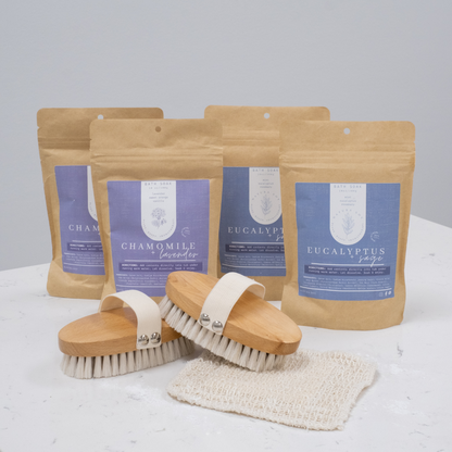 Chamomile Lavender and Eucalyptus Sage Bath Salt Soak with Brush and Scrubbing Pad for Exfoliation