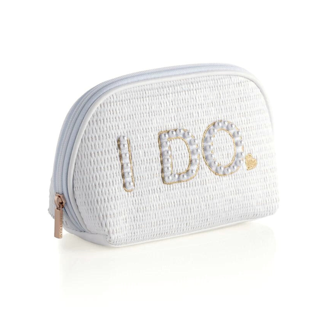 White Woven Pearl and Gold Stitching Embellished Zip Pouch "I DO"