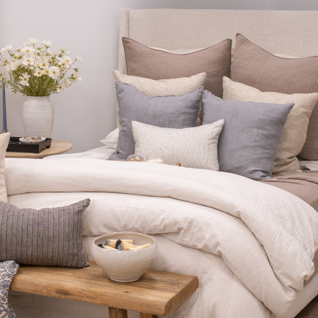 Jillian Neutral Kantha Stitch Queen Sized Duvet Cover and Pillowcases Styled with Throw Pillows