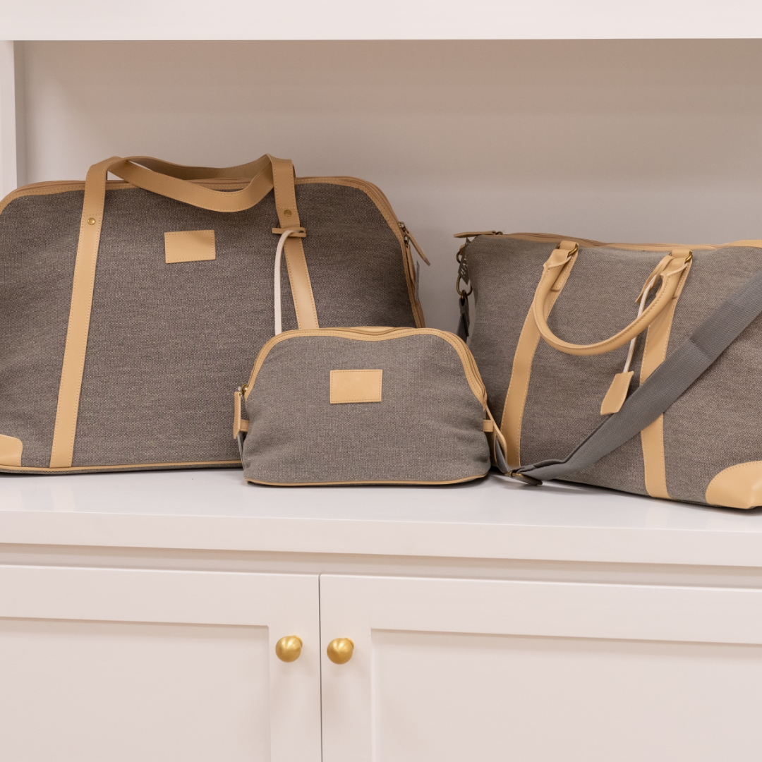 Kennedy Grey Fabric Tan Leather Chic Tote Duffel Bag Cosmetic Bag
