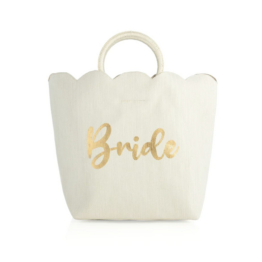Ivory White Scalloped Edge Gold Foil Script "Bride" Tote Bag
