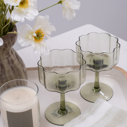 Sonnet Smoky Green Modern Flower Shaped Coupe Glass Set of 2