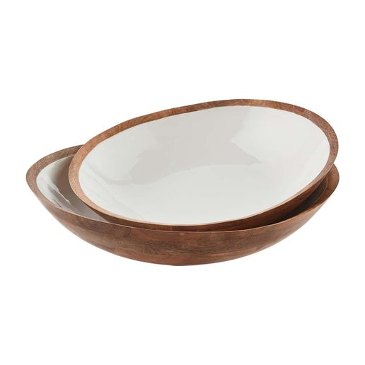 White Enamel & Mango Wood Serving Bowl Set