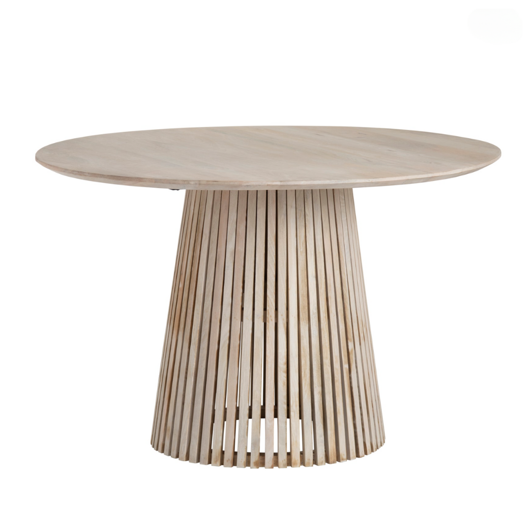 Lucia Round Natural Finish Mango Wood Transitional Modern Dining Table with Angled Slatted Base Seats 4