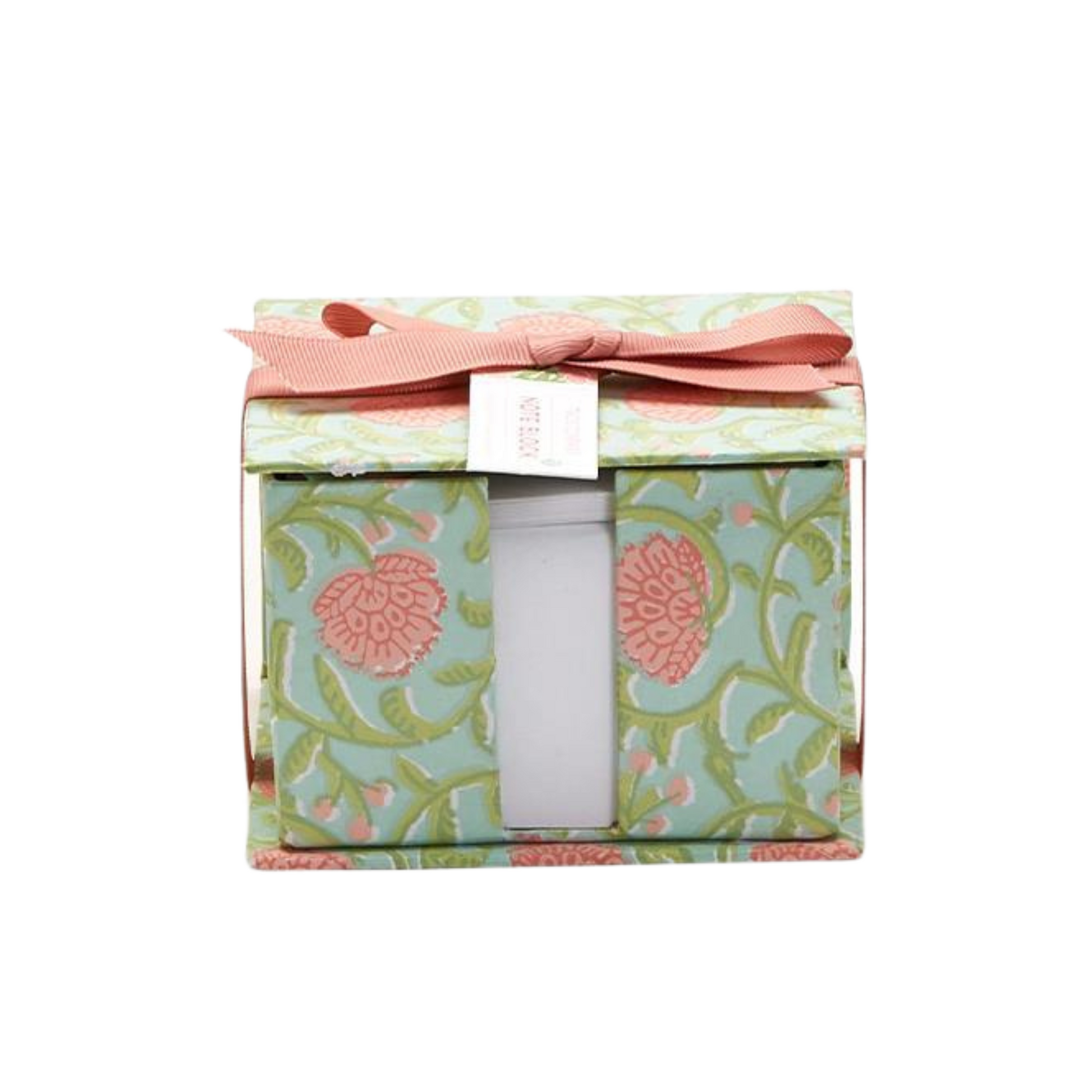 Paper caddy gift set with Spring colored block print design with blues, greens, and pinks, tied with a box and paired with a matching pencil