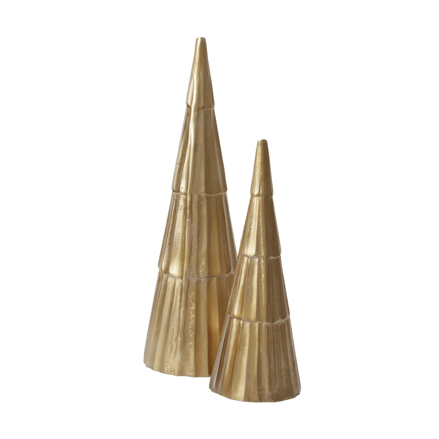 The Vida Tree, a lightweight metal tree that boasts a stylish ridged design and a shiny antique gold finish, perfect for tabletop or mantle decor during the holidays, available in two sizes.