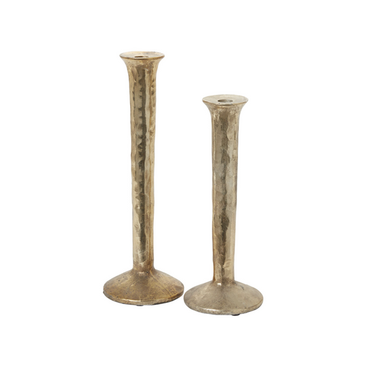 Athena Taper Holder in two sizes with a spool-shaped metal design, topped with a mottled gold finish, exuding an aged and organic charm.