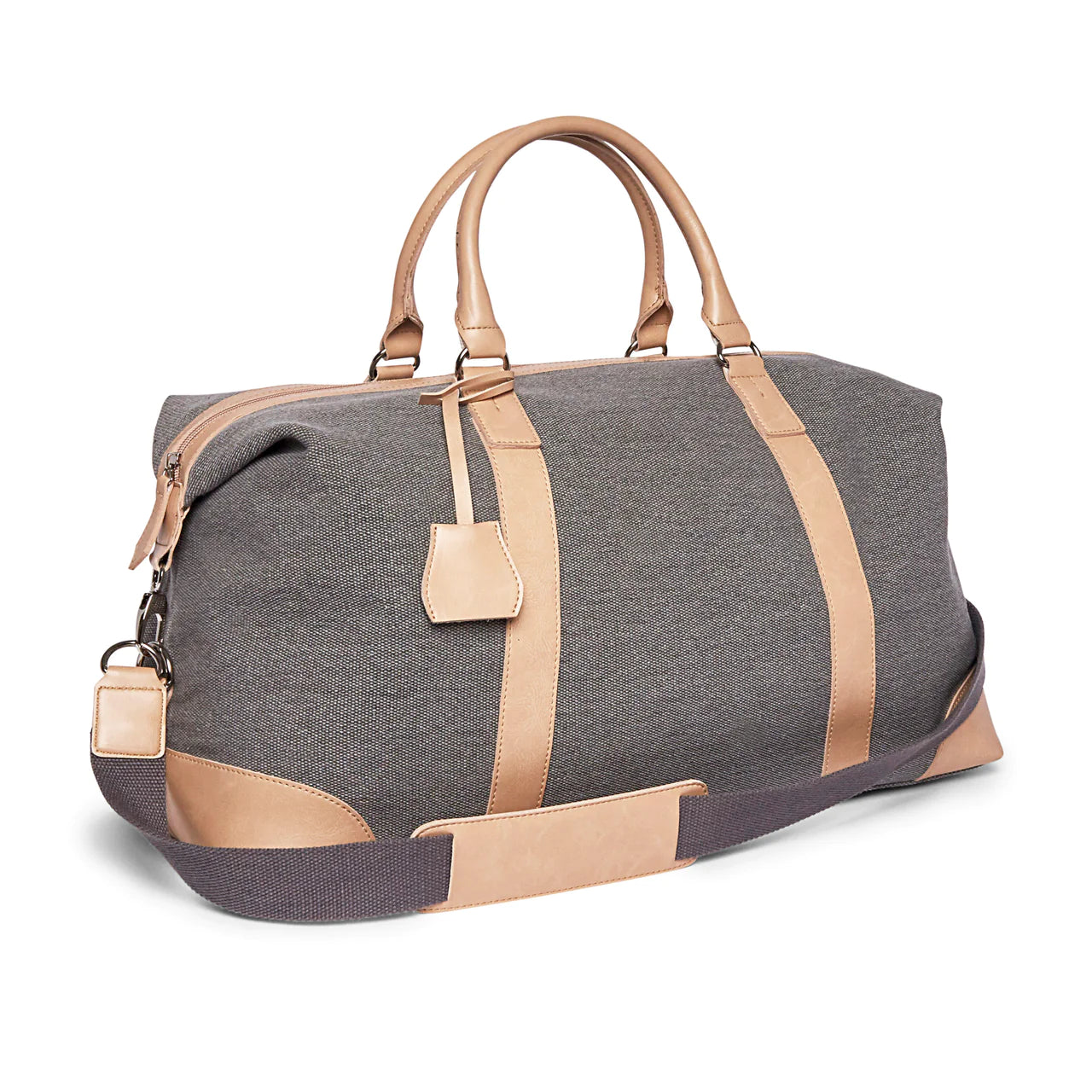 Kennedy Grey Fabric Tan Vegan Leather Chic Carry-On Friendly Duffel Bag