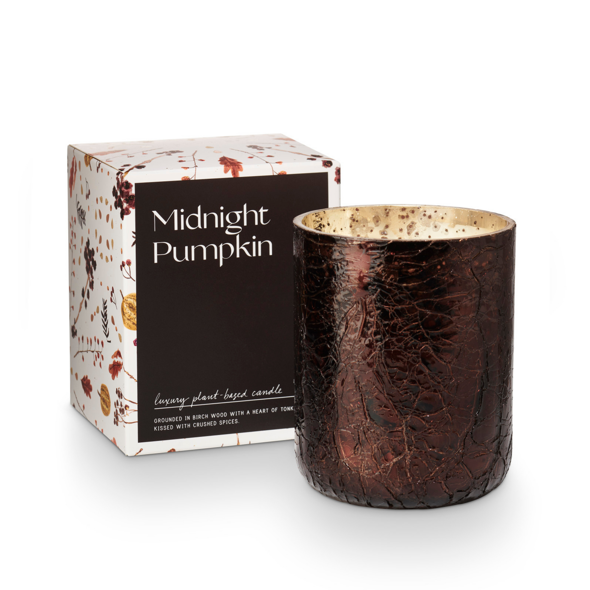 Midnight Pumpkin Soy Candle, fall scent, fall candle, crackle glass candle, boxed candle, gift, gifting, birch wood and tonka bean, spices