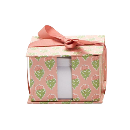 Paper caddy gift set with Spring colored block print design with pinks and greens, tied with a box and paired with a matching pencil