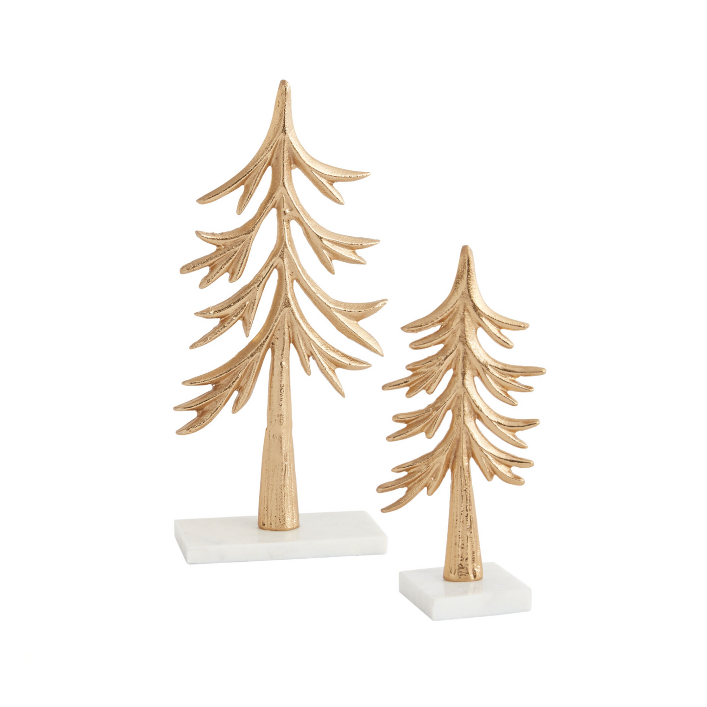 The Gilded Balsam Tree, a airy balsam-like design in metal with a gilded gold finish and a marble base, perfect for holiday tabletop decor, available in two sizes.