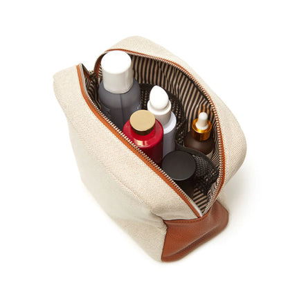 Darby Neutral Light Beige Makeup or Toiletry Bag for Travel with Cognac Vegan Leather Accents