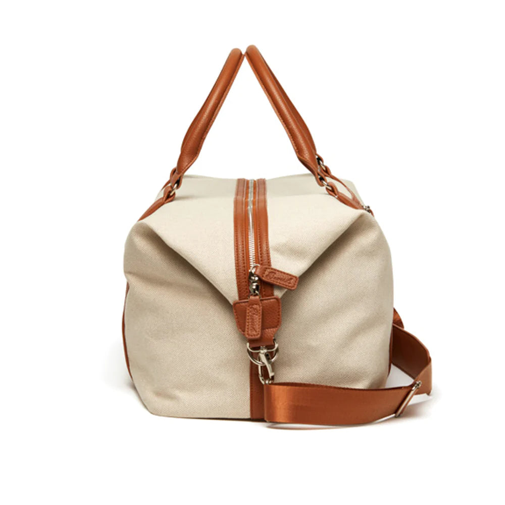 Darby Neutral Light Beige Carry-On Friendly Duffel Bag with Cognac Vegan Leather Accents