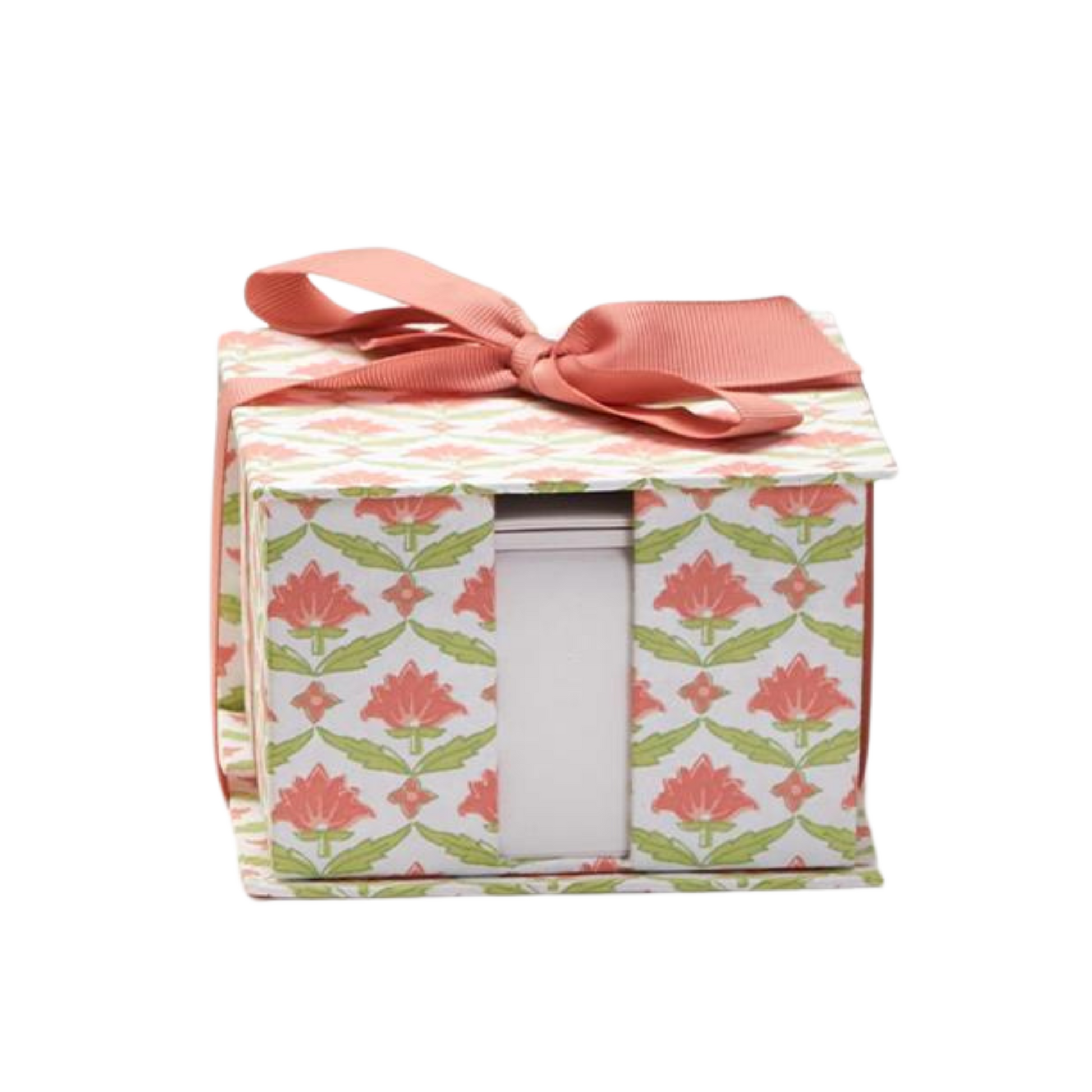 Paper caddy gift set with Spring colored block print design with white, greens, and pinks, tied with a box and paired with a matching pencil