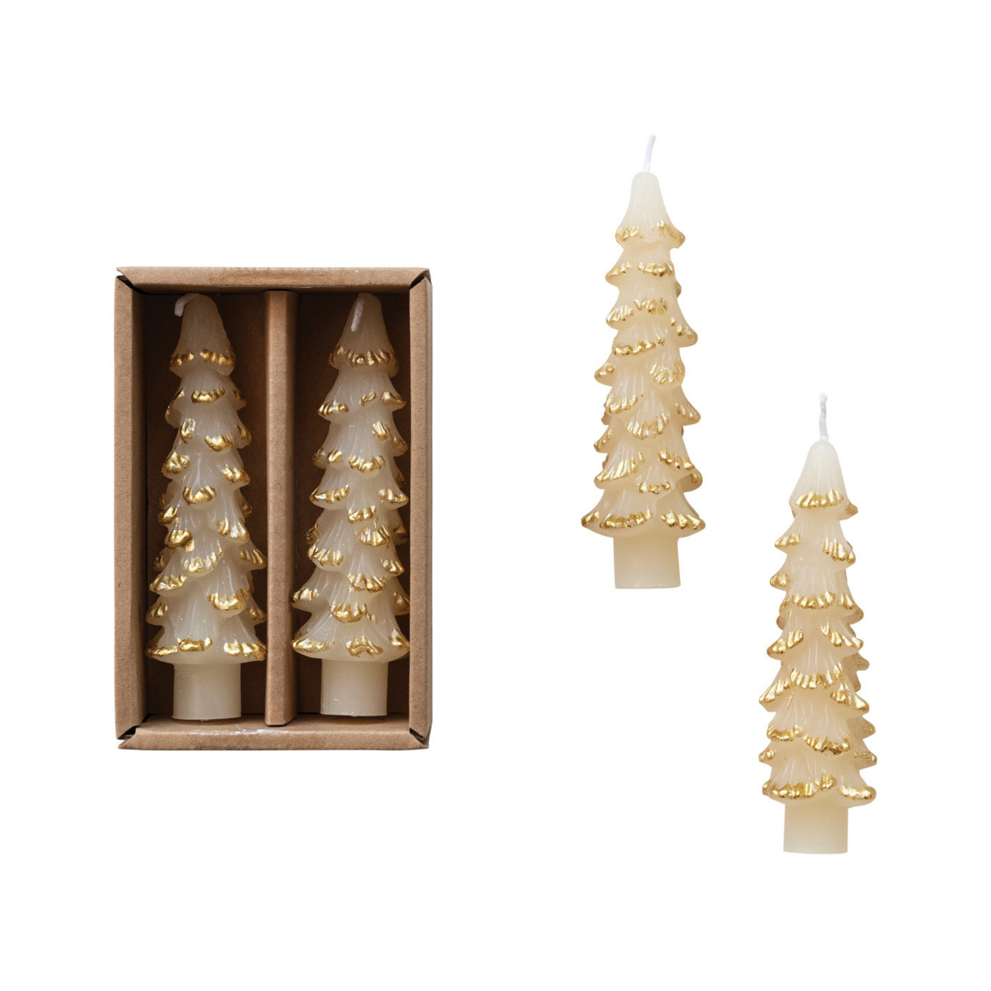 5" Tree Taper Candle Set, taper candles, holiday candles, christmas candles, evergreen, eggnog with gold tips, gold