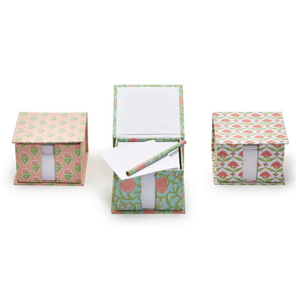 Paper caddy gift set with Spring colored block print designs in three styles, tied with a box and paired with a matching pencil