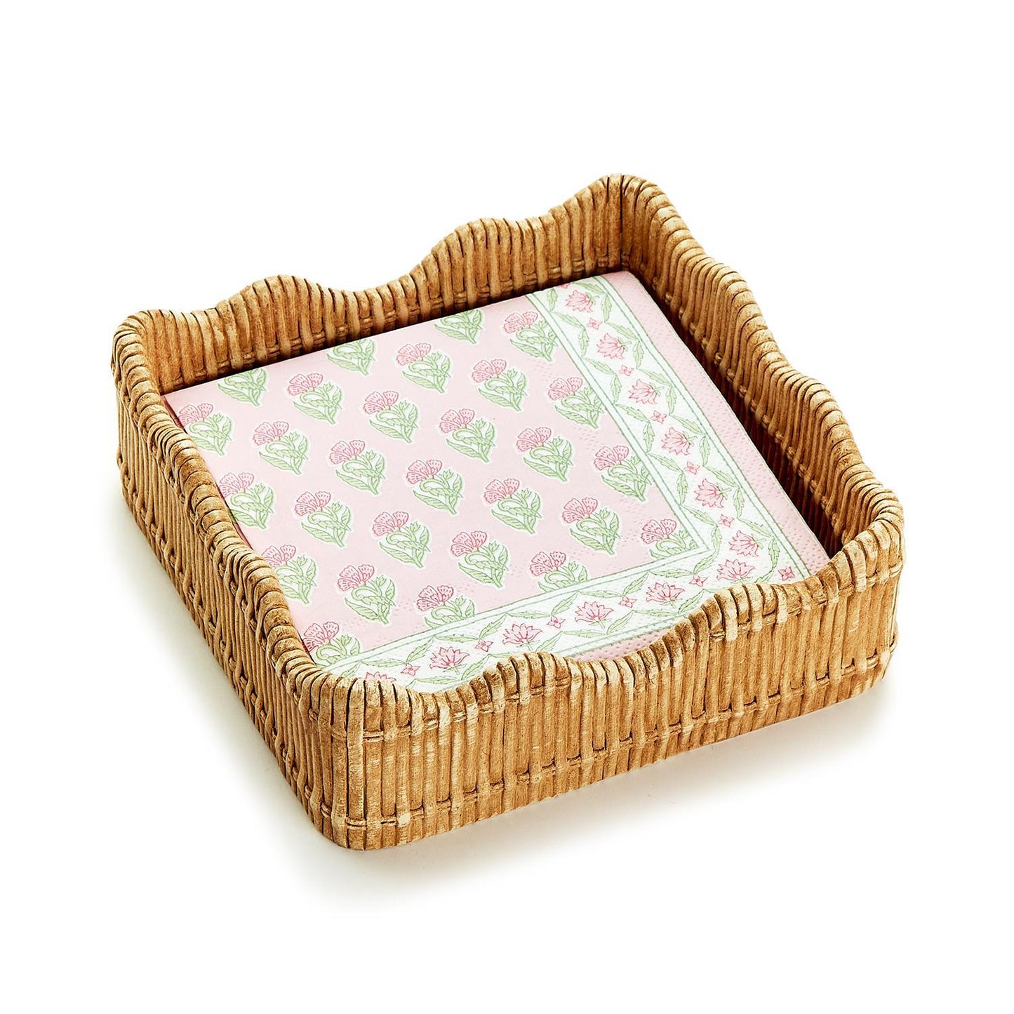 Resin, scalloped edge napkin holder with a basketweave pattern, the perfect fit for cocktail napkins