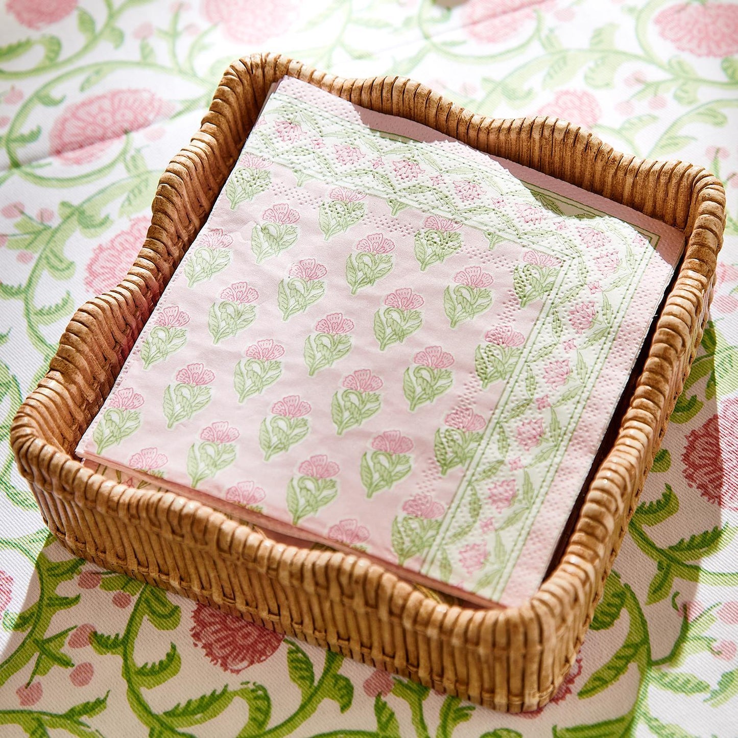 Resin, scalloped edge napkin holder with a basketweave pattern, the perfect fit for cocktail napkins