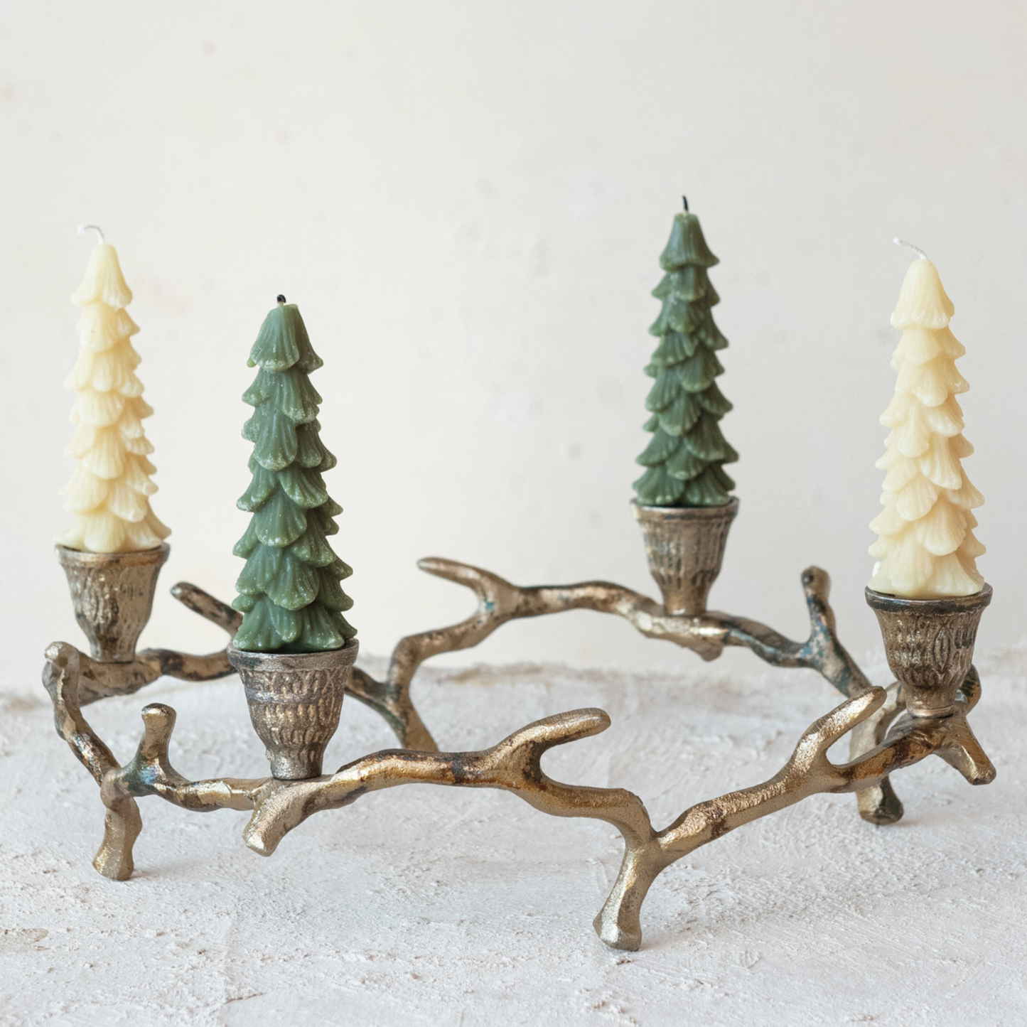 5" Tree Taper Candle Set, taper candles, holiday candles, christmas candles, evergreen, eggnog with gold tips, gold