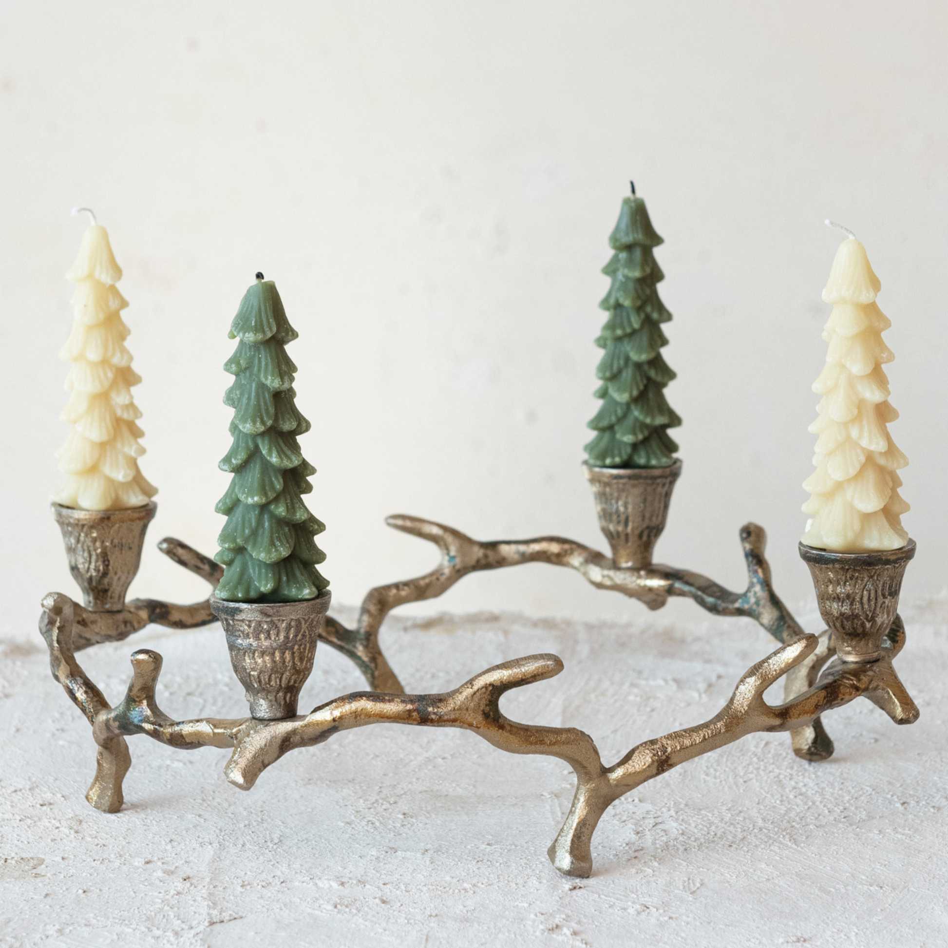 5" Tree Taper Candle Set, taper candles, holiday candles, christmas candles, evergreen, eggnog with gold tips, gold