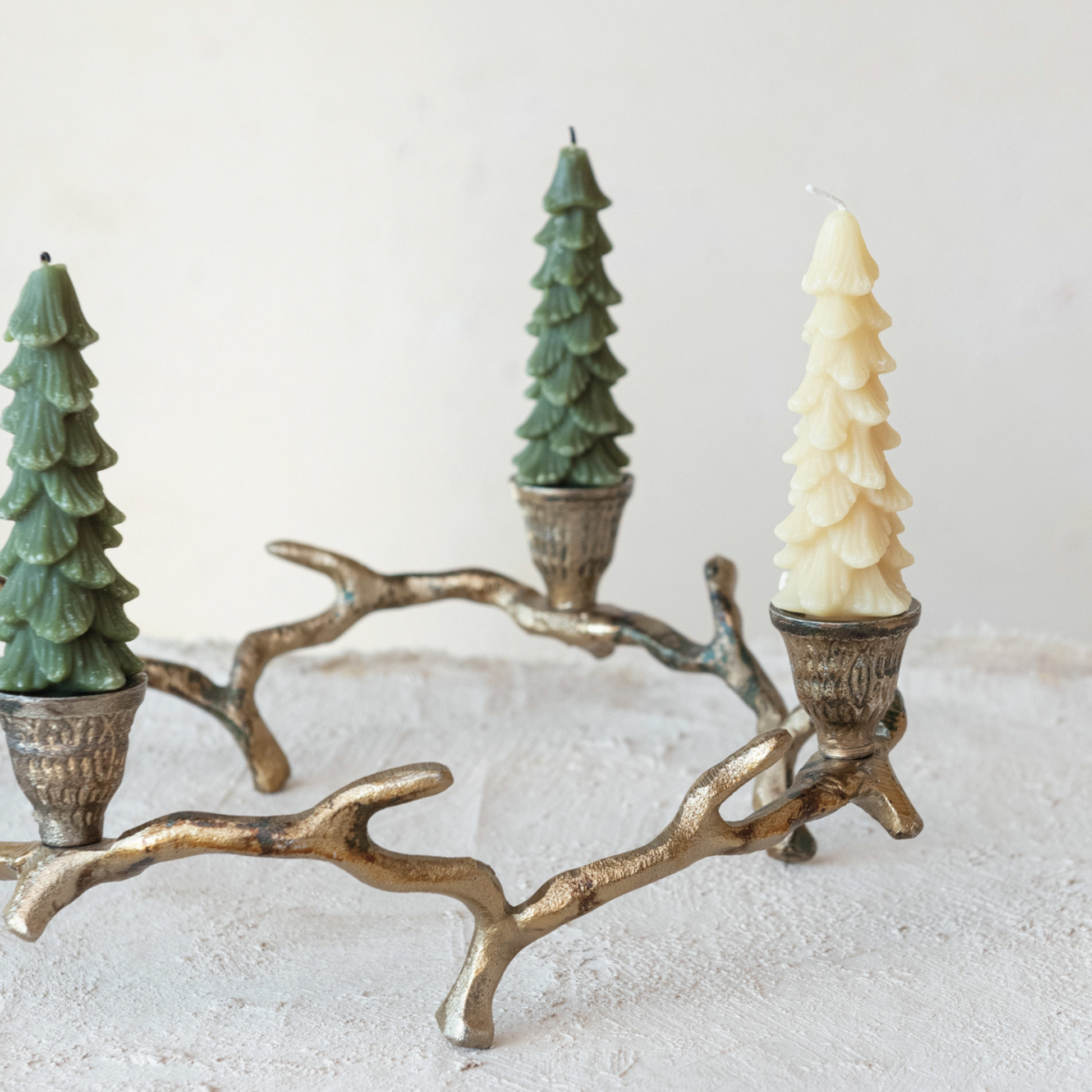 5" Tree Taper Candle Set, taper candles, holiday candles, christmas candles, evergreen, eggnog with gold tips, gold