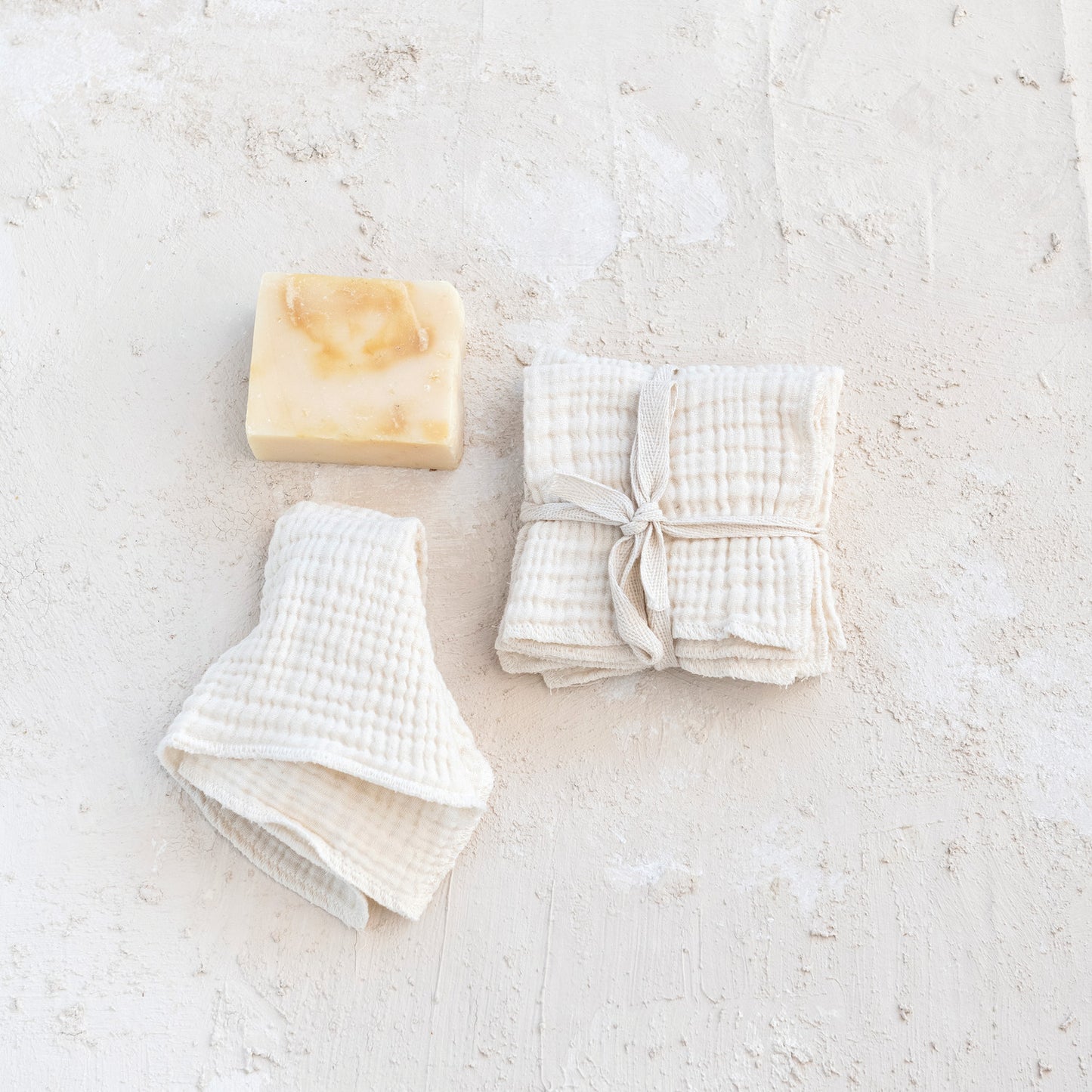 Adela Cream White Absorbent Soft Muslin Cotton Dish Cloth Set of 4 Styled with Block of Soap