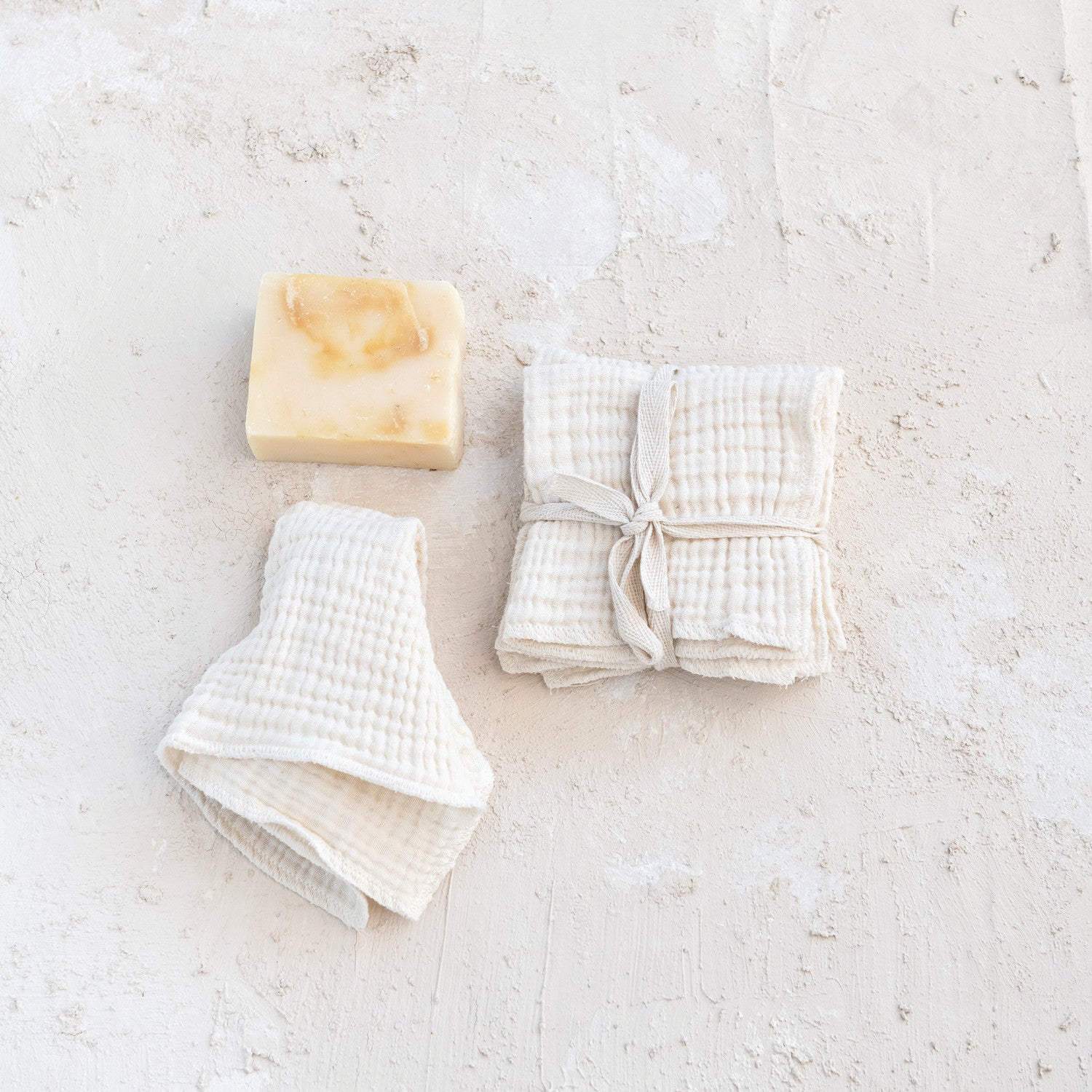 Adela Cream White Absorbent Soft Muslin Cotton Dish Cloth Set of 4 Styled with Block of Soap