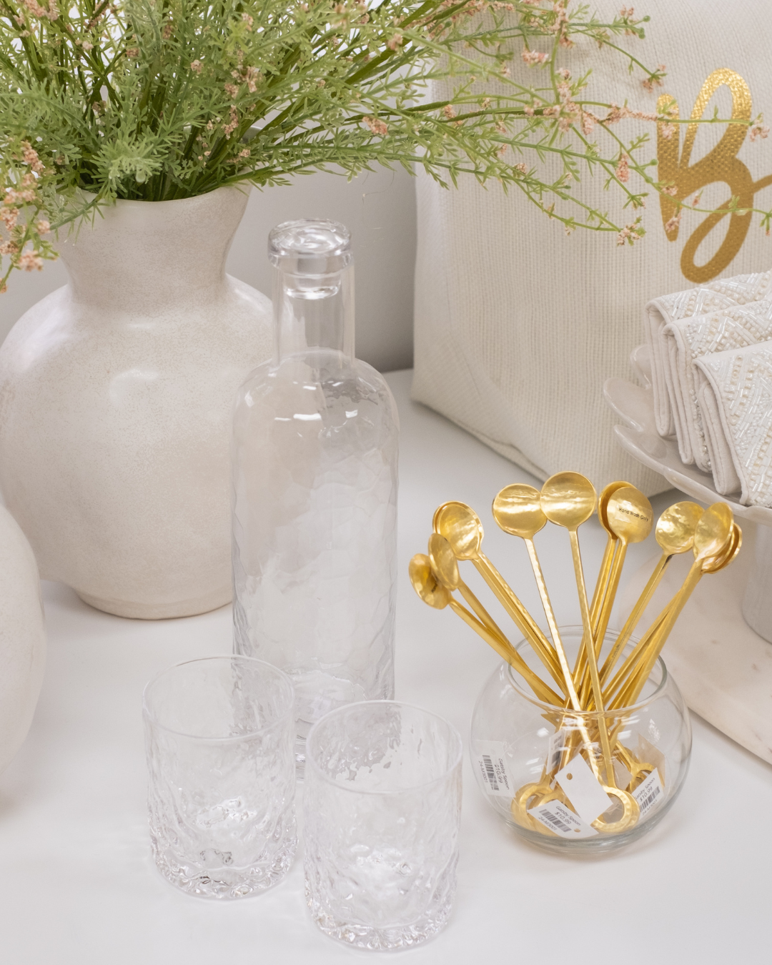 Gatsby Hammered Gold Stainless Steel Cocktail Stirring Spoon displayed with Alon Decanter and Tumbler Glasses