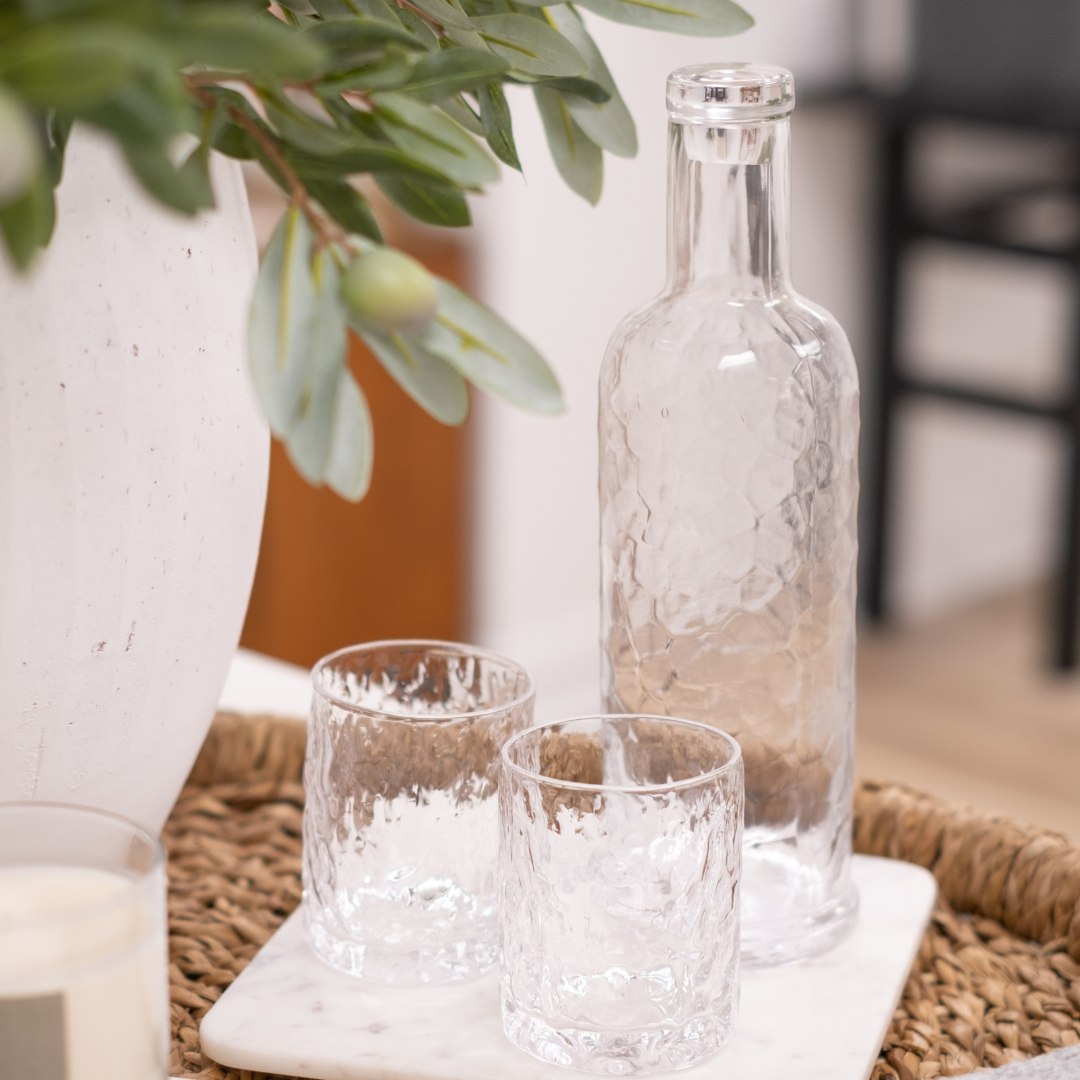 Alon Modern Unique Design Hammered Textured Glass Drinkware Set with Carafe and Tumbler Glasses on Marble Tray