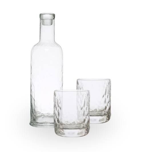 Alon Modern Unique Design Hammered Textured Glass Drinkware Set with Carafe and Tumbler Glasses