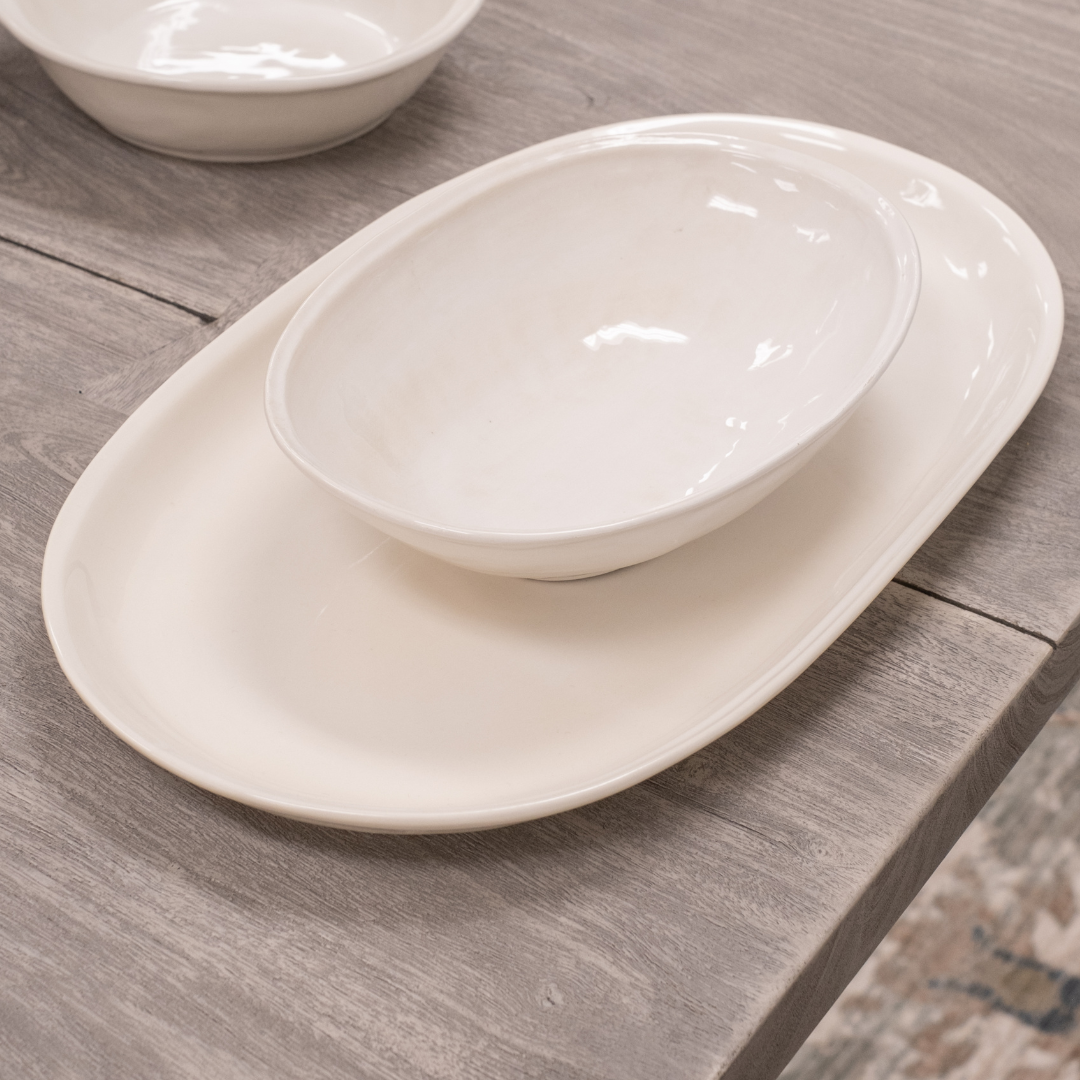 Avignon Minimalist White Stoneware Oval Serving Bowl on Platter