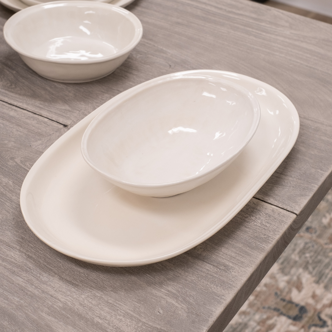 Avignon Smooth White Ceramic Oval Serving Platter and Bowl