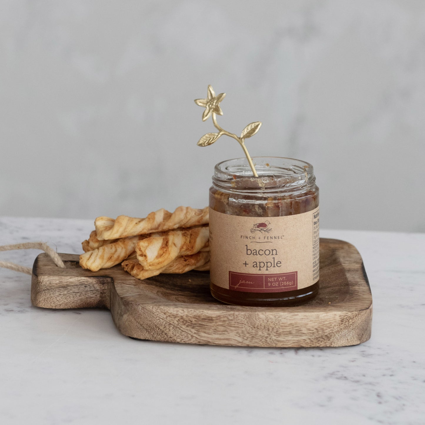 Gourmet Giftable Sweet and Savory Bacon Apple Jam Spread Styled with Asiago Cheese Twists