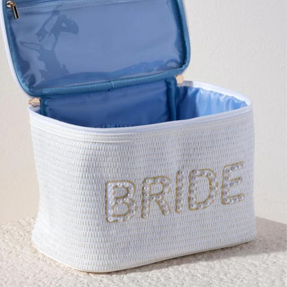 Woven White Pearl Gold Embellished "Bride" Handled Cosmetic Case with Blue Lining