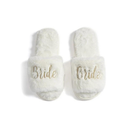 White Faux Fur Gold Embroidered Script "Bride" Slippers