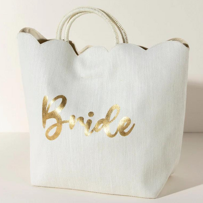 Ivory White Scalloped Edge Gold Foil Script "Bride" Tote Bag