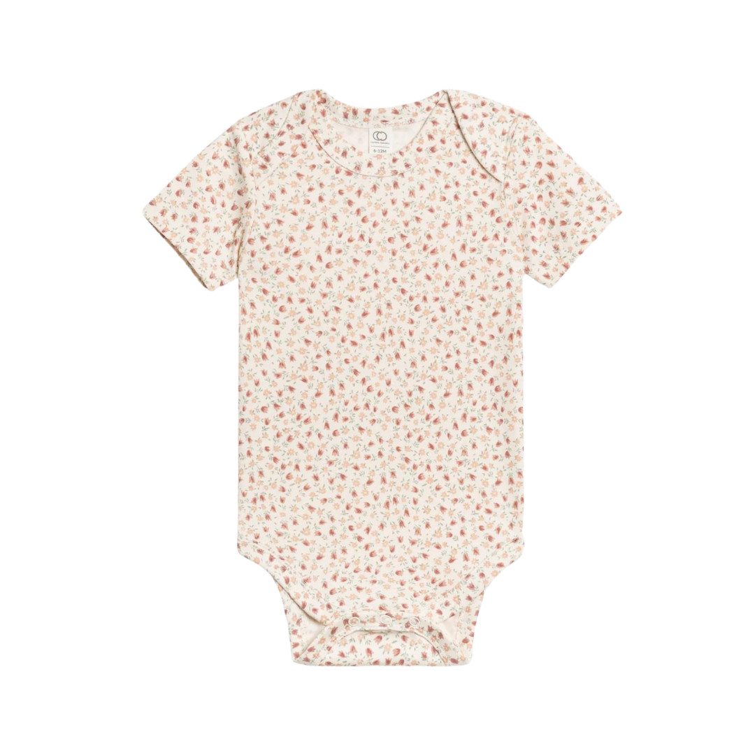 Camille Organic Cotton Pink Tulip Floral Print Baby Bodysuit Nickel Free Snap Closure