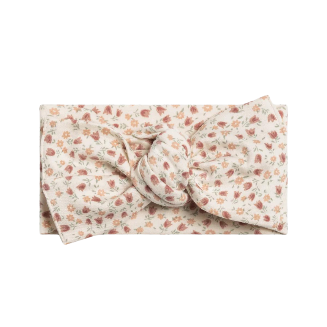 Camille Organic Cotton Pink Floral Adjustable Tie Baby Bow Head Wrap