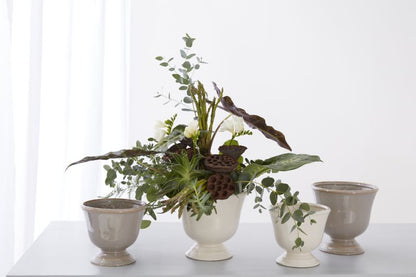 Carraway Ceramic Compote Vase in Alabaster and Dove Grey finish with Florals