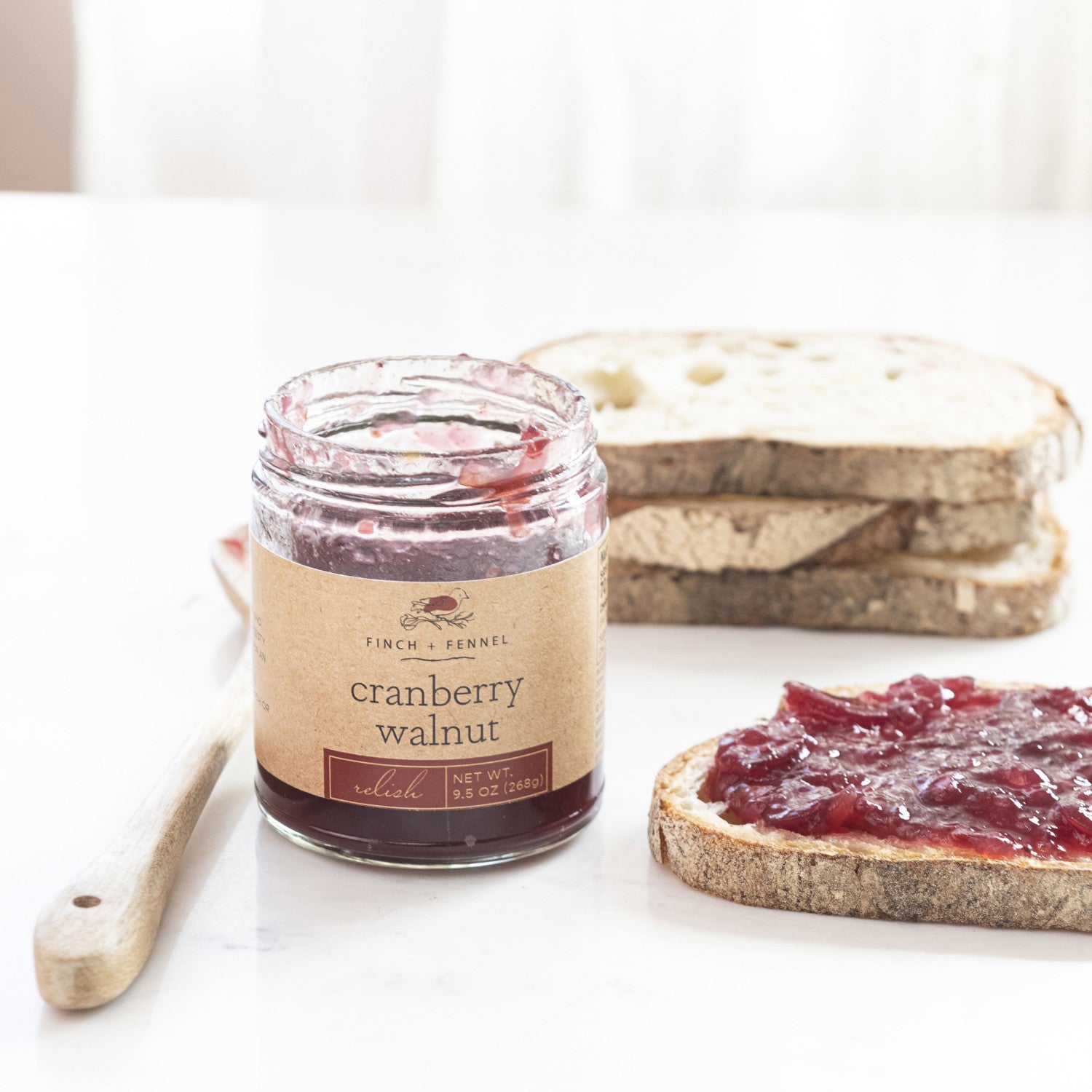 Zesty Sweet and Tart Giftable Gourmet Cranberry Walnut Relish Spread paired with Toasted Bread