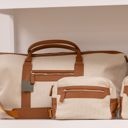 Darby Neutral Light Beige Carry-On Friendly Duffel Bag and Toiletry Bag with Cognac Vegan Leather Accents