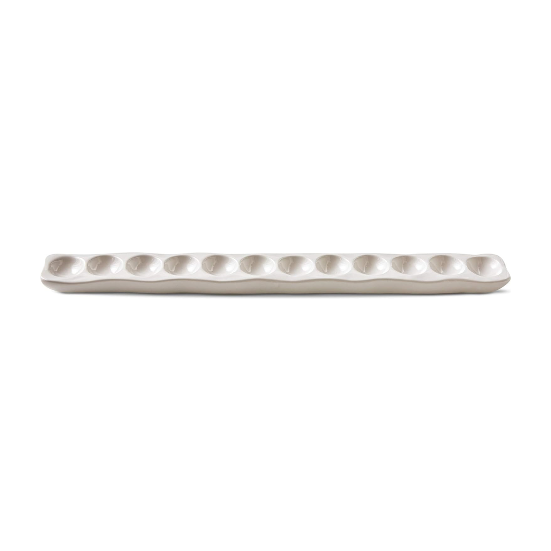 Eloise Playful Modern Narrow White Ceramic Glazed Stoneware Egg Serving Platter with Rippled Organic Edge