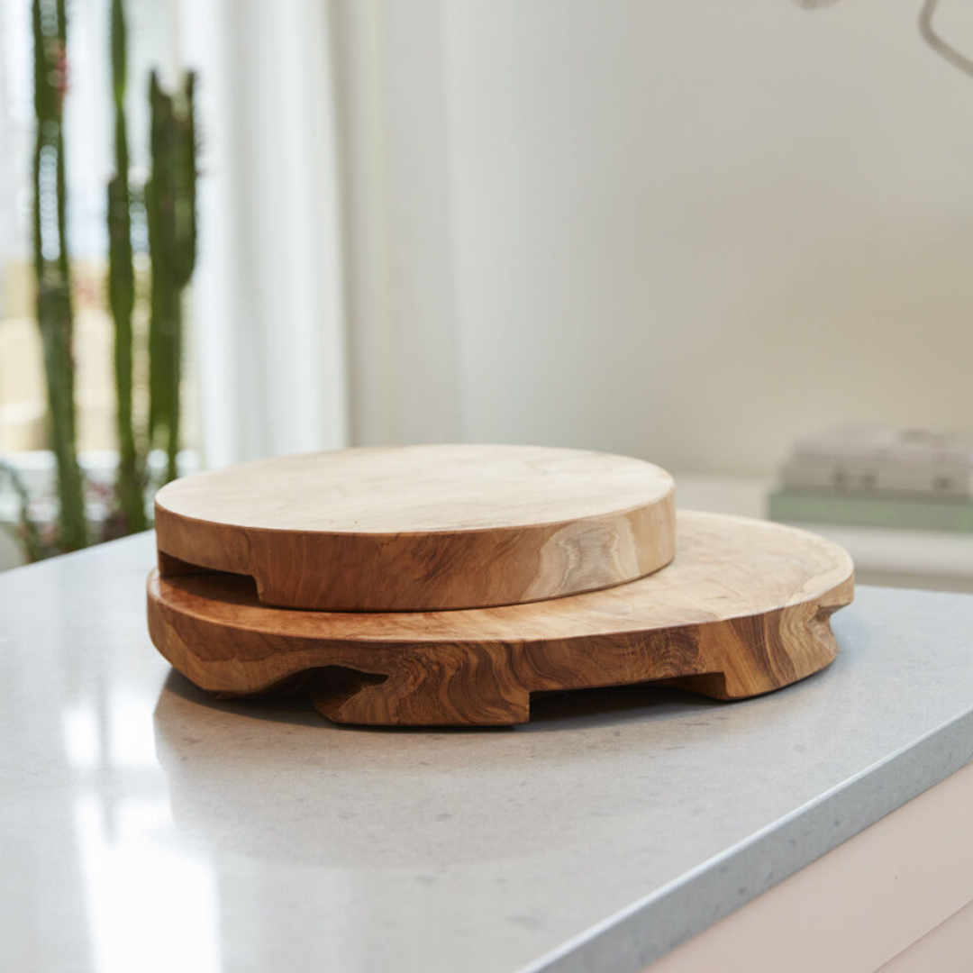 Endel Solid Durable Natural Wood Finish Footed Cutting Board or Serving Platter Simple Minimalist Design Large and Small Styled Stacked on Counter