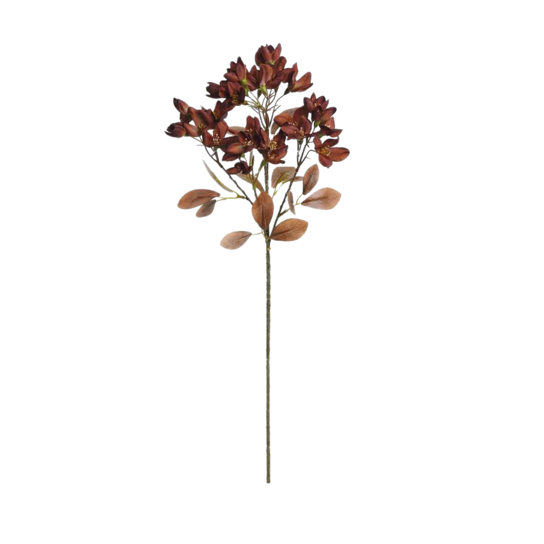 Dainty Burgundy Red Field Blossom Faux Floral Spray with Realistic Fall Foliage